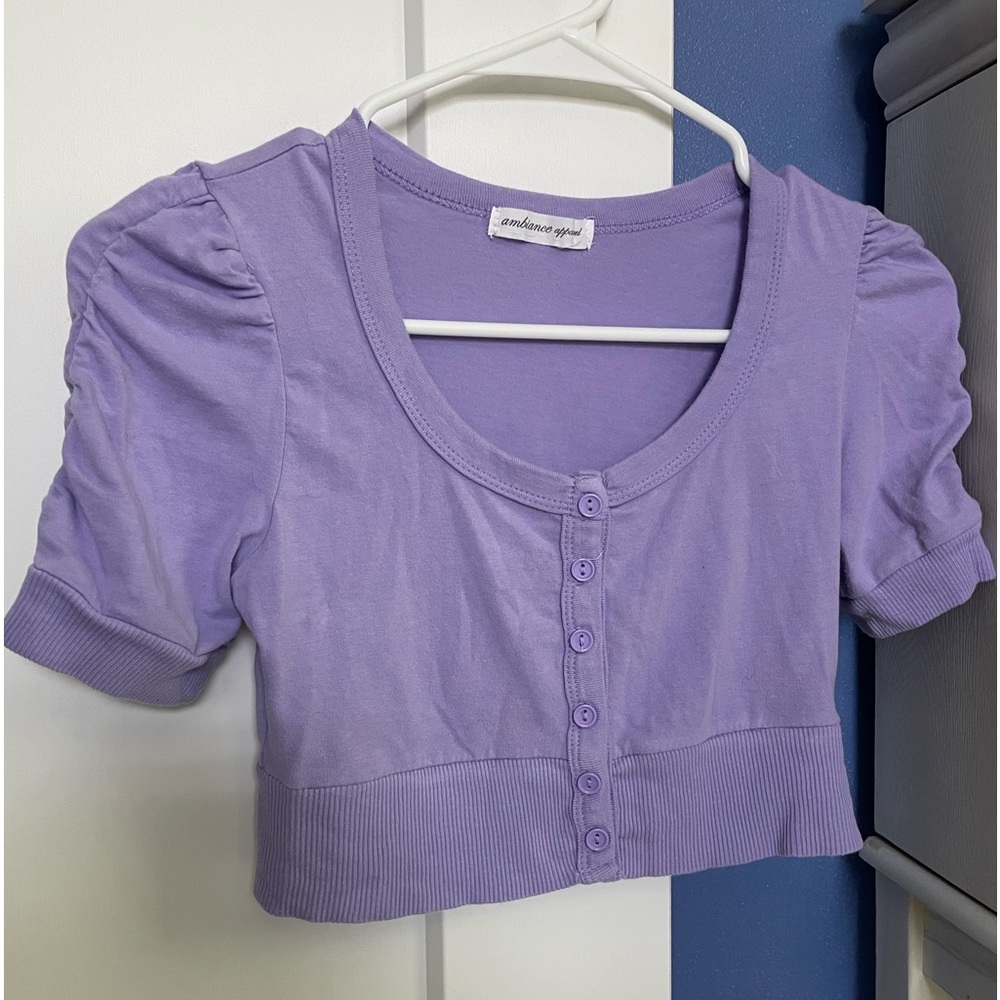 Light purple cropped button front puff sleeve rich lilac ribbed hem short sleeve